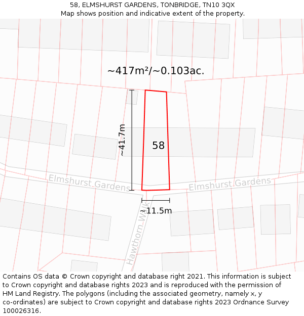 58, ELMSHURST GARDENS, TONBRIDGE, TN10 3QX: Plot and title map