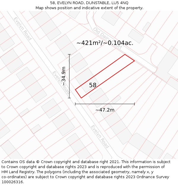 58, EVELYN ROAD, DUNSTABLE, LU5 4NQ: Plot and title map