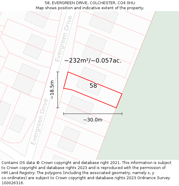 58, EVERGREEN DRIVE, COLCHESTER, CO4 0HU: Plot and title map