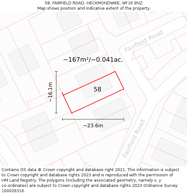 58, FAIRFIELD ROAD, HECKMONDWIKE, WF16 9NZ: Plot and title map