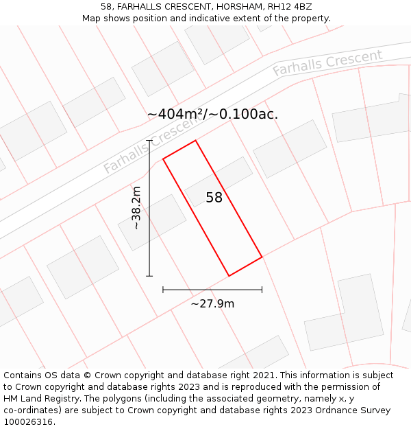 58, FARHALLS CRESCENT, HORSHAM, RH12 4BZ: Plot and title map