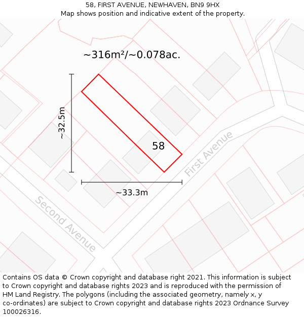 58, FIRST AVENUE, NEWHAVEN, BN9 9HX: Plot and title map