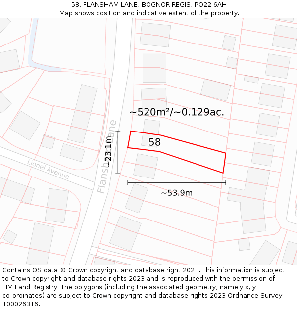 58, FLANSHAM LANE, BOGNOR REGIS, PO22 6AH: Plot and title map