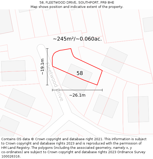 58, FLEETWOOD DRIVE, SOUTHPORT, PR9 8HE: Plot and title map