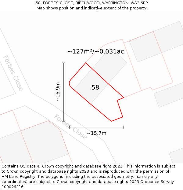 58, FORBES CLOSE, BIRCHWOOD, WARRINGTON, WA3 6PP: Plot and title map