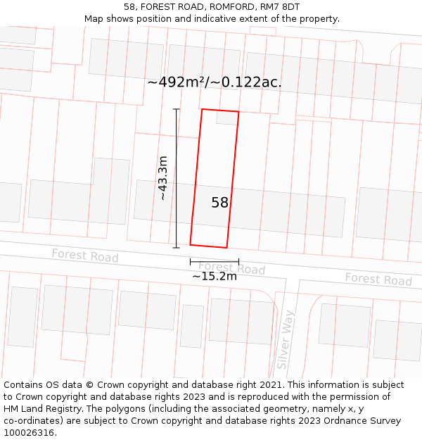 58, FOREST ROAD, ROMFORD, RM7 8DT: Plot and title map