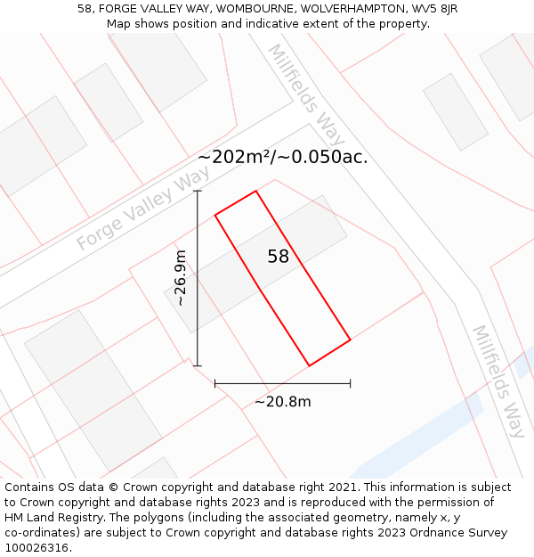 58, FORGE VALLEY WAY, WOMBOURNE, WOLVERHAMPTON, WV5 8JR: Plot and title map