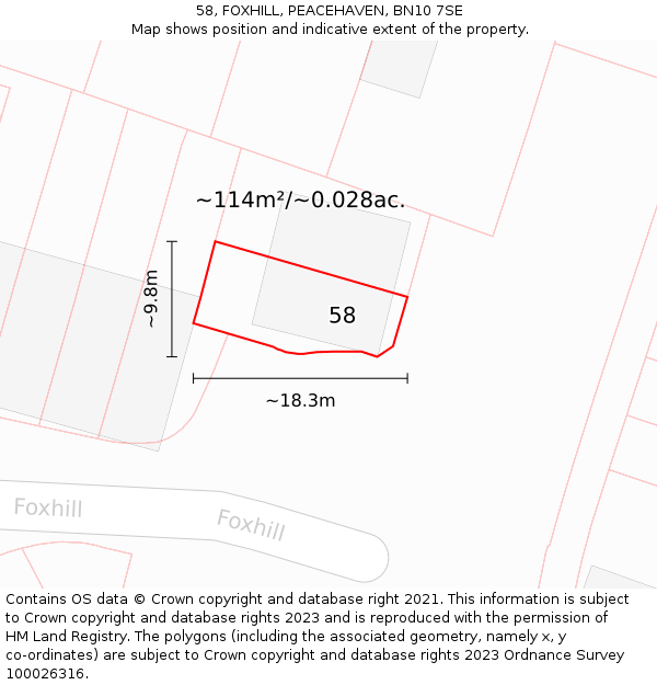 58, FOXHILL, PEACEHAVEN, BN10 7SE: Plot and title map