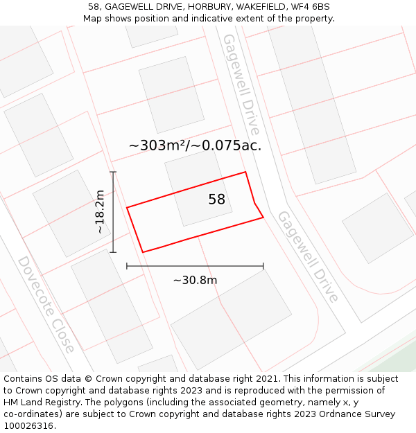 58, GAGEWELL DRIVE, HORBURY, WAKEFIELD, WF4 6BS: Plot and title map