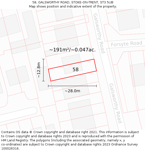 58, GALSWORTHY ROAD, STOKE-ON-TRENT, ST3 5UB: Plot and title map