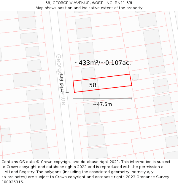 58, GEORGE V AVENUE, WORTHING, BN11 5RL: Plot and title map