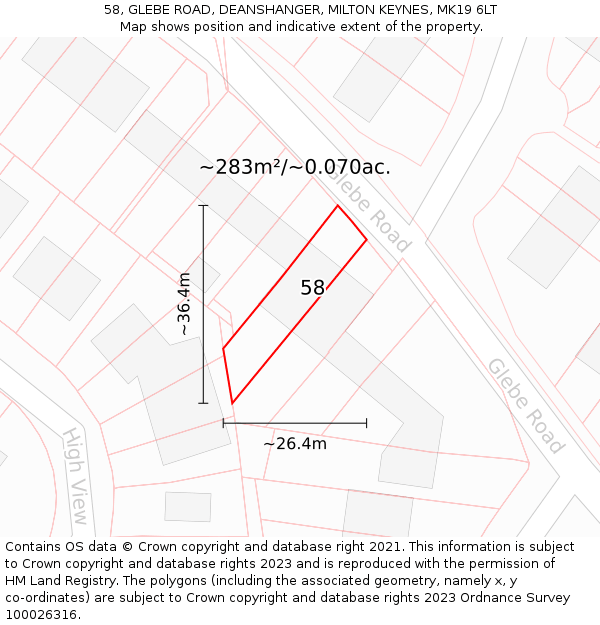 58, GLEBE ROAD, DEANSHANGER, MILTON KEYNES, MK19 6LT: Plot and title map