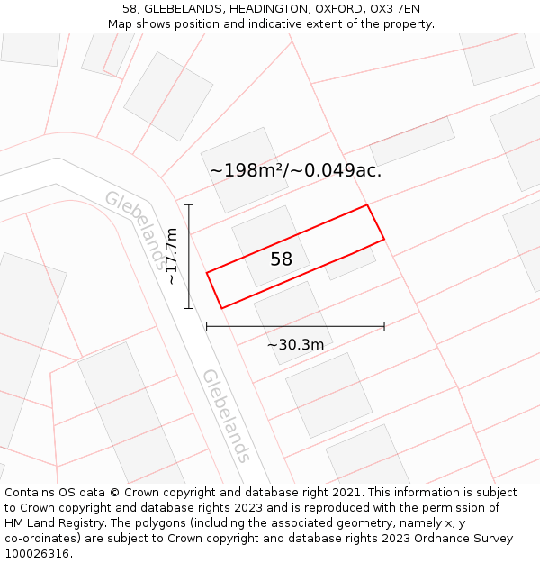 58, GLEBELANDS, HEADINGTON, OXFORD, OX3 7EN: Plot and title map