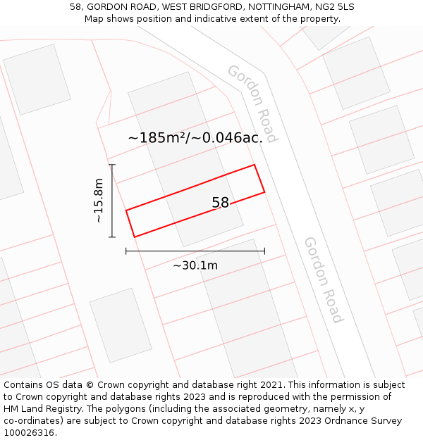 58, GORDON ROAD, WEST BRIDGFORD, NOTTINGHAM, NG2 5LS: Plot and title map