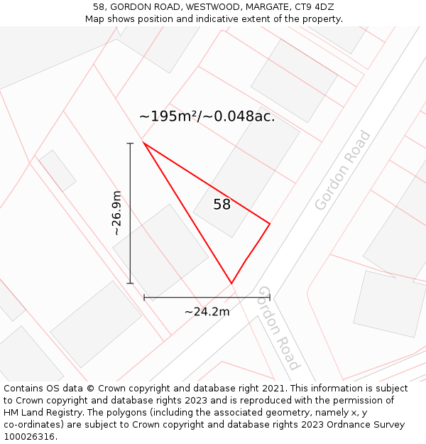 58, GORDON ROAD, WESTWOOD, MARGATE, CT9 4DZ: Plot and title map