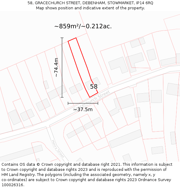 58, GRACECHURCH STREET, DEBENHAM, STOWMARKET, IP14 6RQ: Plot and title map