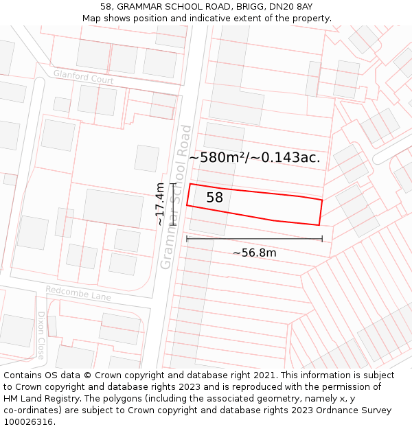 58, GRAMMAR SCHOOL ROAD, BRIGG, DN20 8AY: Plot and title map