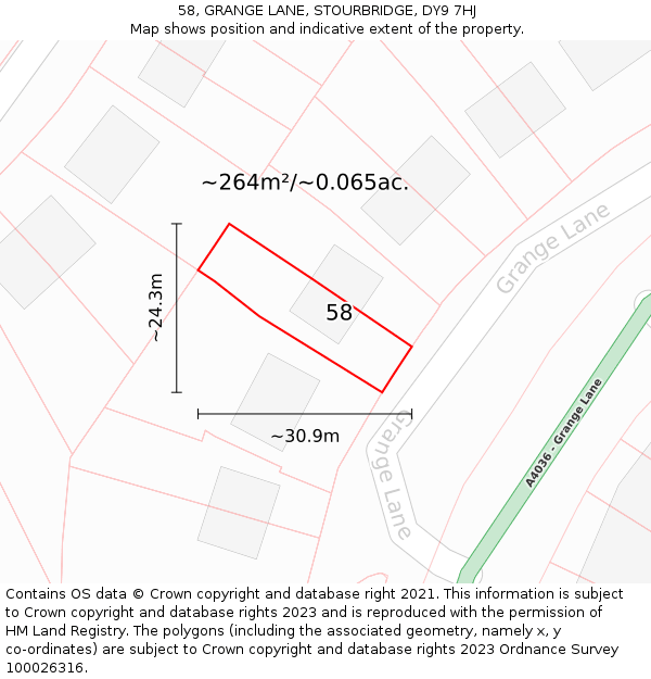 58, GRANGE LANE, STOURBRIDGE, DY9 7HJ: Plot and title map