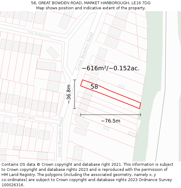 58, GREAT BOWDEN ROAD, MARKET HARBOROUGH, LE16 7DG: Plot and title map
