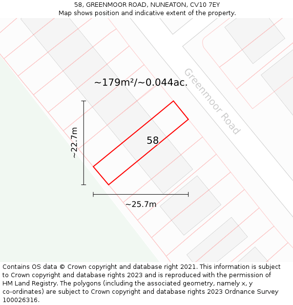 58, GREENMOOR ROAD, NUNEATON, CV10 7EY: Plot and title map