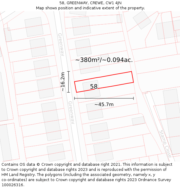 58, GREENWAY, CREWE, CW1 4JN: Plot and title map