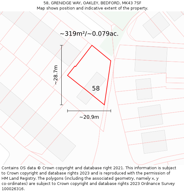 58, GRENIDGE WAY, OAKLEY, BEDFORD, MK43 7SF: Plot and title map