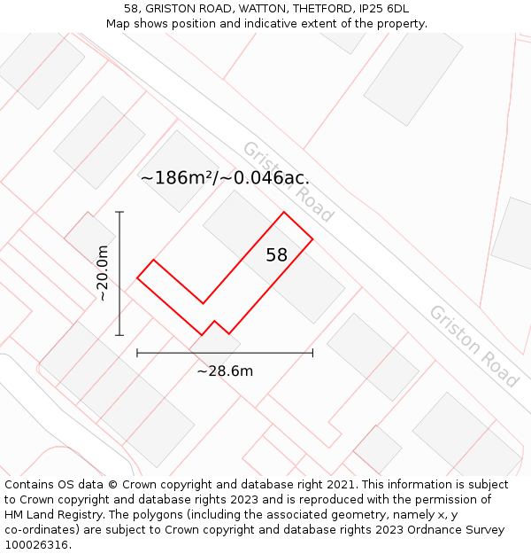 58, GRISTON ROAD, WATTON, THETFORD, IP25 6DL: Plot and title map