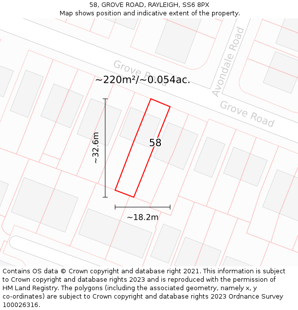 58, GROVE ROAD, RAYLEIGH, SS6 8PX: Plot and title map