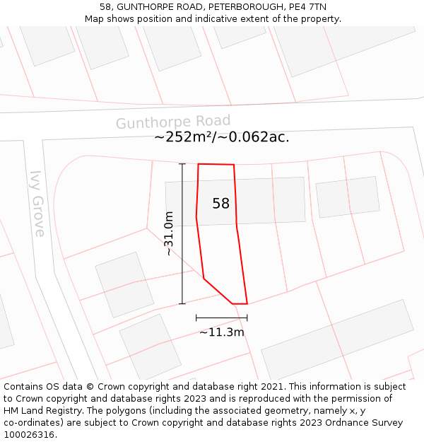 58, GUNTHORPE ROAD, PETERBOROUGH, PE4 7TN: Plot and title map