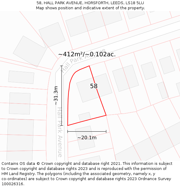 58, HALL PARK AVENUE, HORSFORTH, LEEDS, LS18 5LU: Plot and title map