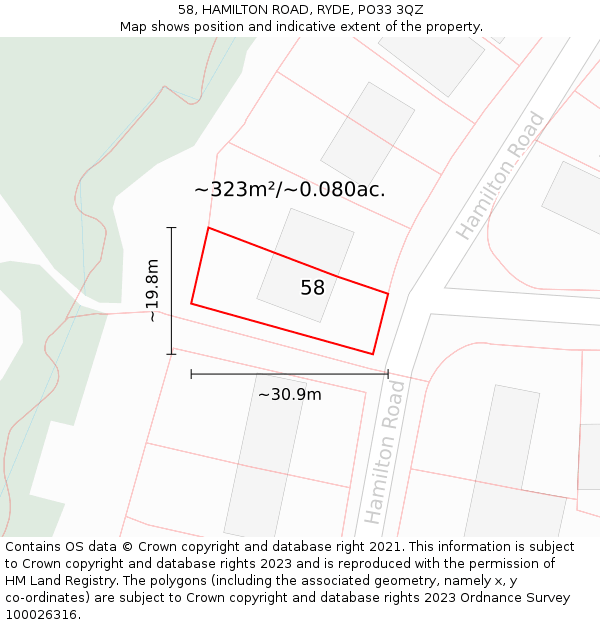 58, HAMILTON ROAD, RYDE, PO33 3QZ: Plot and title map