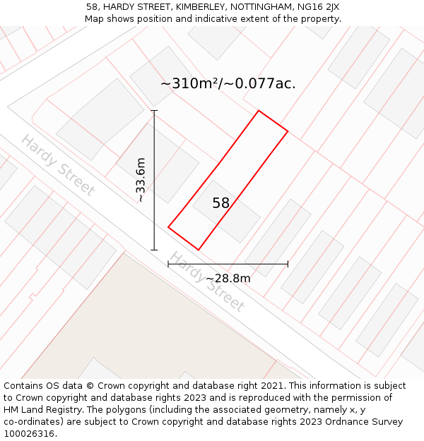 58, HARDY STREET, KIMBERLEY, NOTTINGHAM, NG16 2JX: Plot and title map