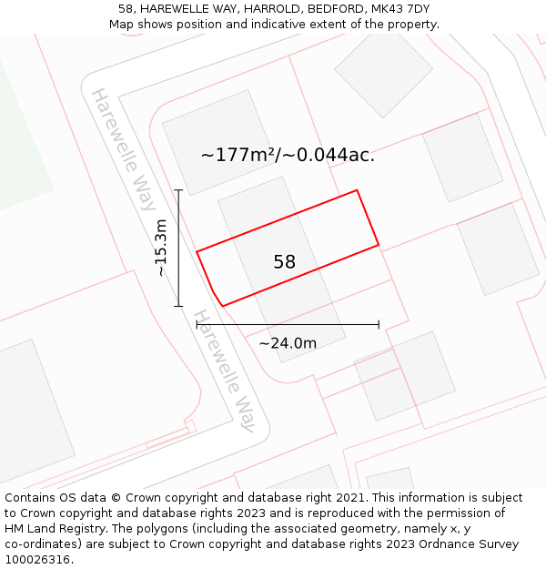 58, HAREWELLE WAY, HARROLD, BEDFORD, MK43 7DY: Plot and title map