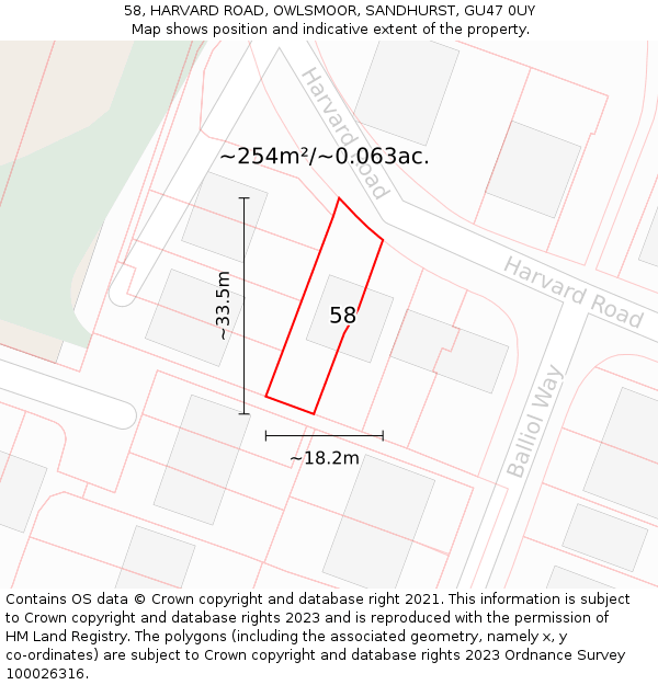 58, HARVARD ROAD, OWLSMOOR, SANDHURST, GU47 0UY: Plot and title map