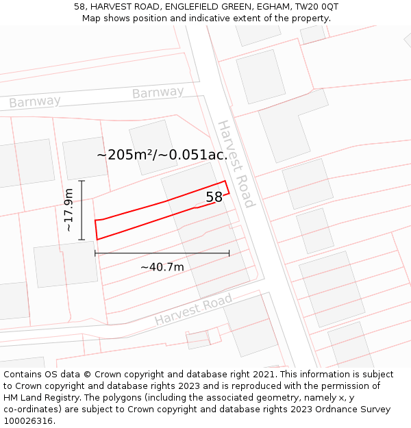 58, HARVEST ROAD, ENGLEFIELD GREEN, EGHAM, TW20 0QT: Plot and title map