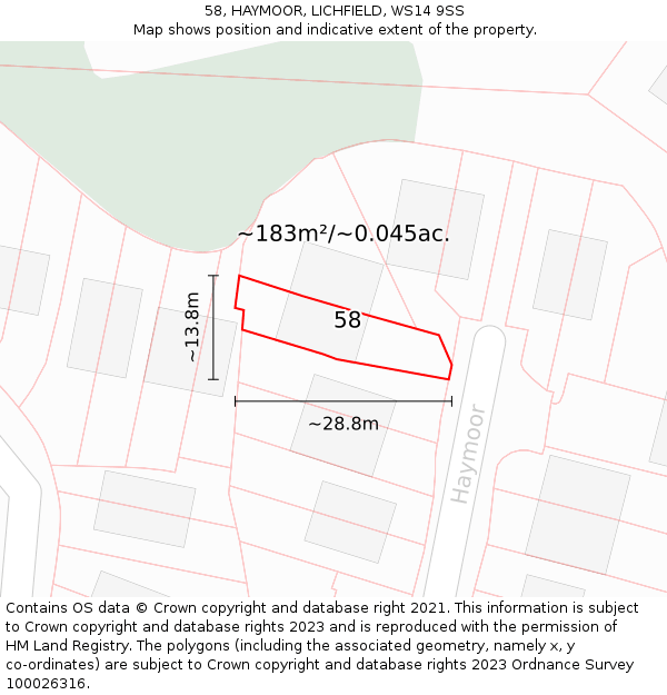 58, HAYMOOR, LICHFIELD, WS14 9SS: Plot and title map