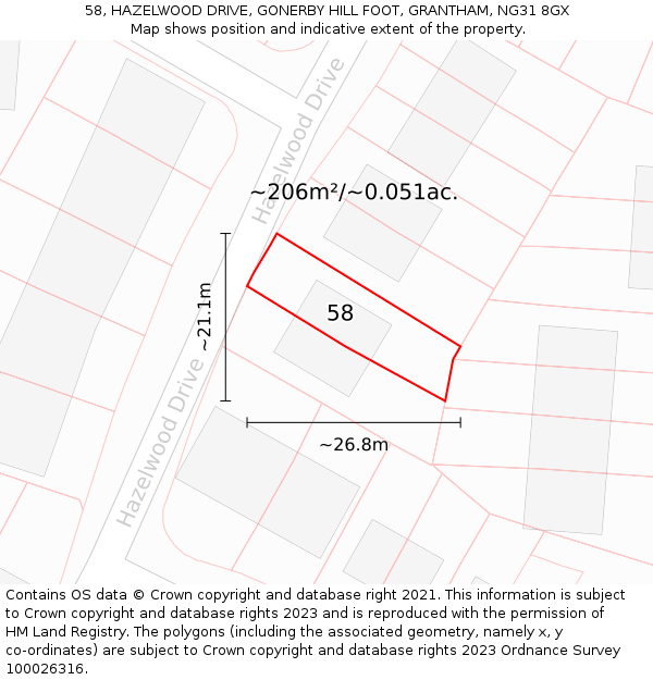 58, HAZELWOOD DRIVE, GONERBY HILL FOOT, GRANTHAM, NG31 8GX: Plot and title map