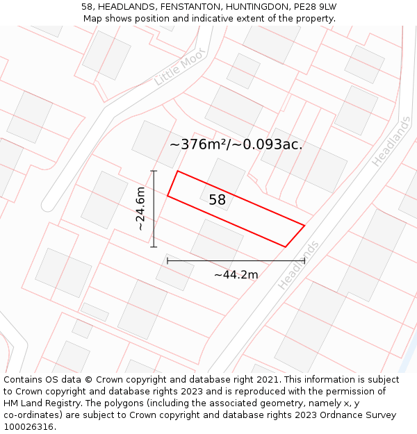 58, HEADLANDS, FENSTANTON, HUNTINGDON, PE28 9LW: Plot and title map