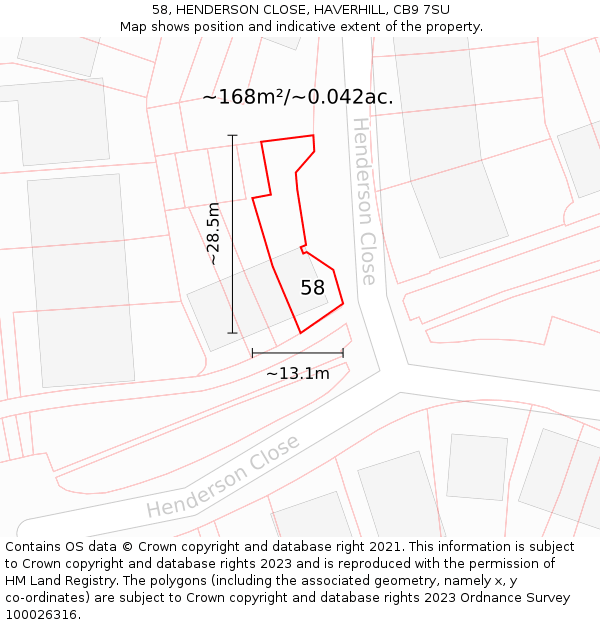 58, HENDERSON CLOSE, HAVERHILL, CB9 7SU: Plot and title map