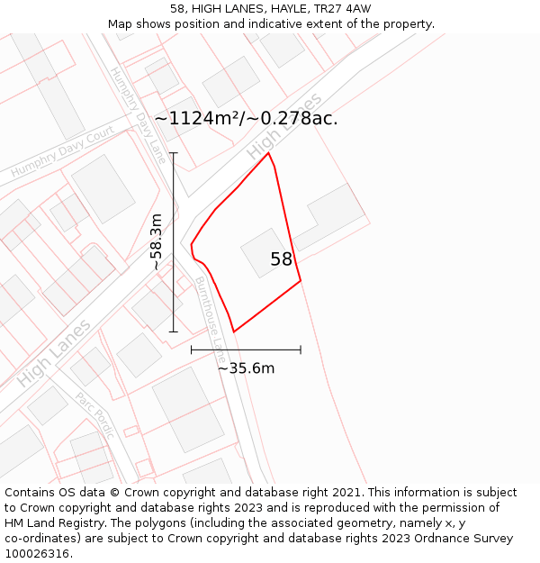 58, HIGH LANES, HAYLE, TR27 4AW: Plot and title map