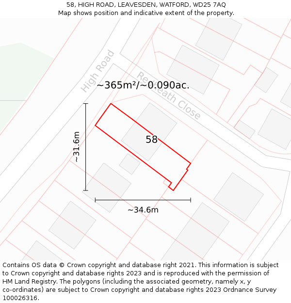 58, HIGH ROAD, LEAVESDEN, WATFORD, WD25 7AQ: Plot and title map