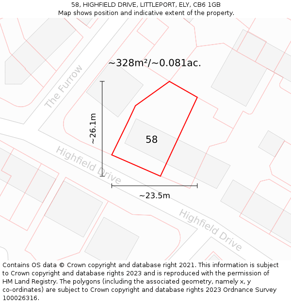 58, HIGHFIELD DRIVE, LITTLEPORT, ELY, CB6 1GB: Plot and title map