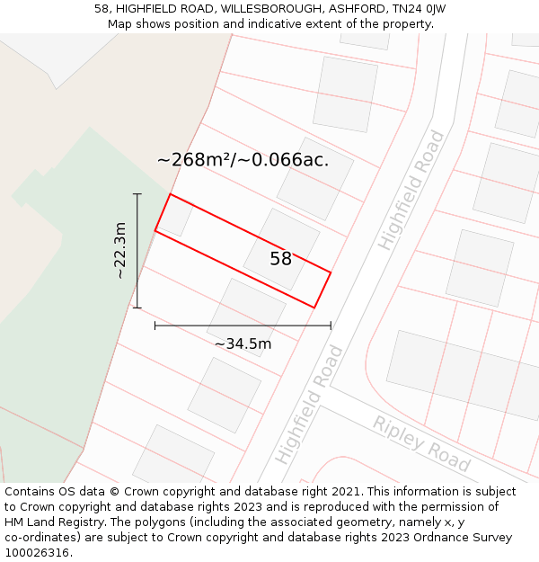 58, HIGHFIELD ROAD, WILLESBOROUGH, ASHFORD, TN24 0JW: Plot and title map