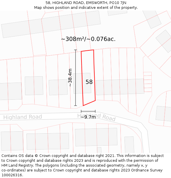 58, HIGHLAND ROAD, EMSWORTH, PO10 7JN: Plot and title map