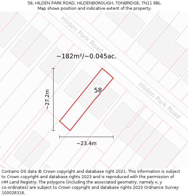 58, HILDEN PARK ROAD, HILDENBOROUGH, TONBRIDGE, TN11 9BL: Plot and title map