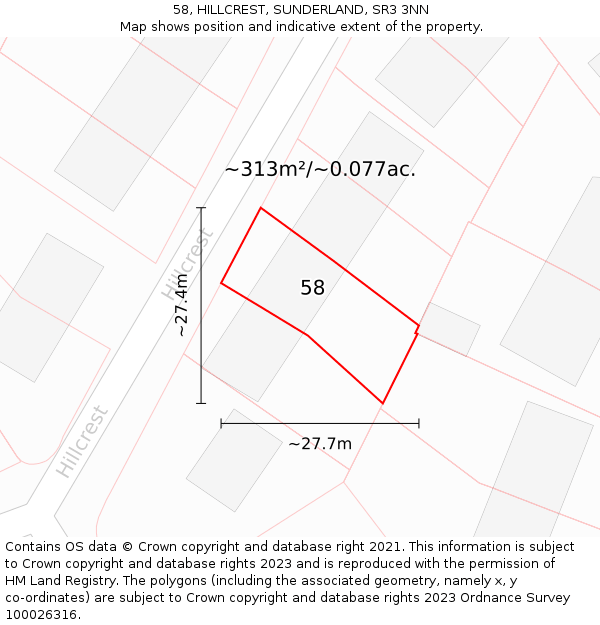 58, HILLCREST, SUNDERLAND, SR3 3NN: Plot and title map