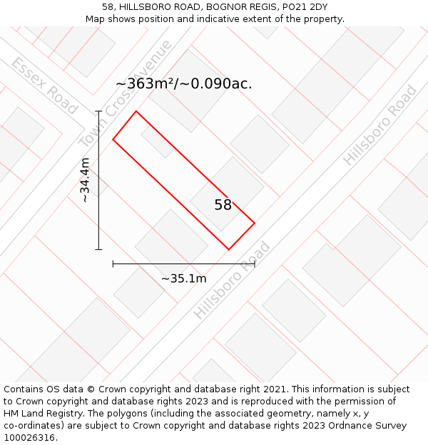 58, HILLSBORO ROAD, BOGNOR REGIS, PO21 2DY: Plot and title map