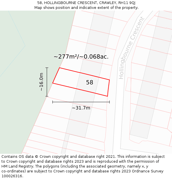 58, HOLLINGBOURNE CRESCENT, CRAWLEY, RH11 9QJ: Plot and title map