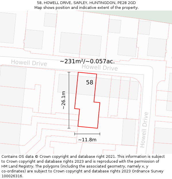 58, HOWELL DRIVE, SAPLEY, HUNTINGDON, PE28 2GD: Plot and title map