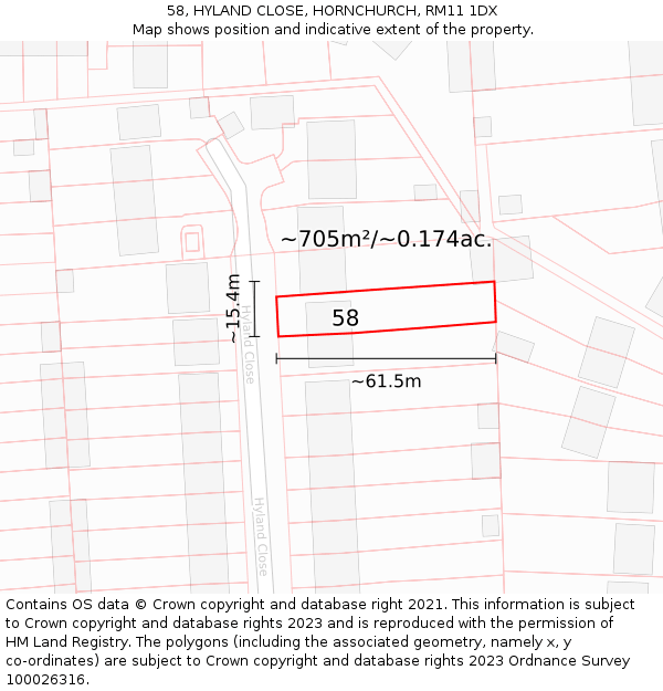 58, HYLAND CLOSE, HORNCHURCH, RM11 1DX: Plot and title map
